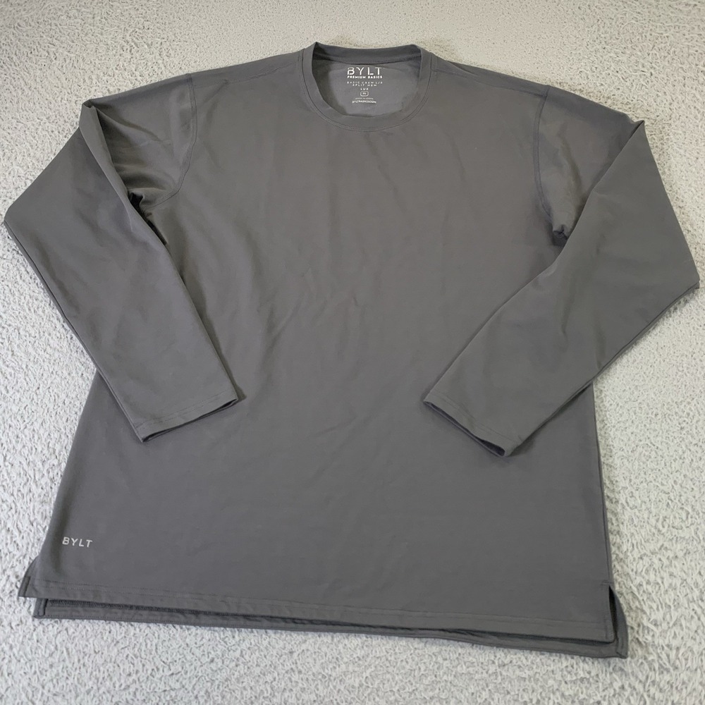 BYLT Basic Crew L/S Shirt‎ Mens XL Split Hem Gray Long Sleeve Tee Gym Training